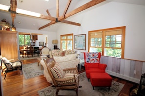 Comfortable living room is open and bright