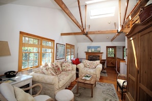 Living room has skylights and vaulted ceiling