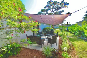 The beautiful backyard patio is a wonderful spot to relax in the evenings.