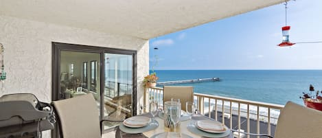 Covered patio with views of San Clemente Pier