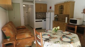 Living room with kitchenette overlooking the south-facing terrace