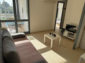 Sitting area with TV, sofa bed 2 people, view on the closed loggia and the corridor giving access to the bedroom, the bathroom and the separate toilet