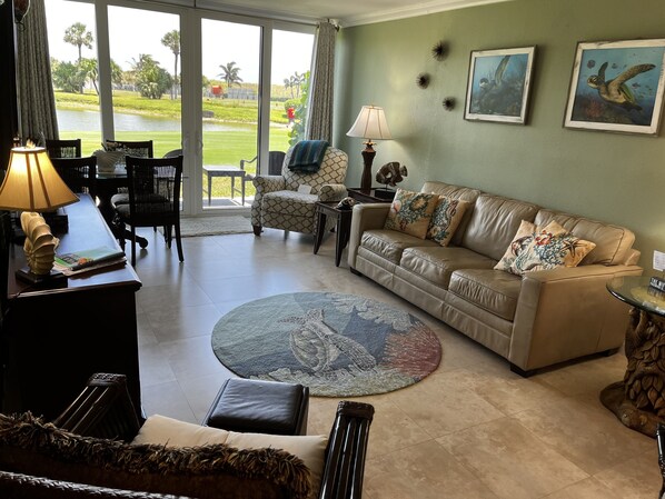 Enjoy all the comforts of home with a view of the pond and nature’s friends 