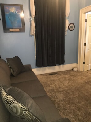 Sleeper sofa room with closet. I set up the sleeper if it is needed.