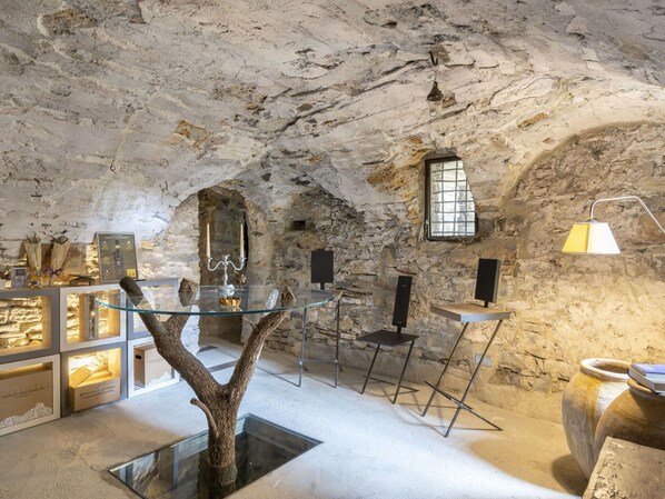 Window, Building, Wood, Art, Ceiling, Chair, House, Table, Flooring, Stone Wall