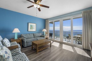 Living Area with Ocean Views, Flat Screen TV, Sleeper Sofa and Private Balcony Access