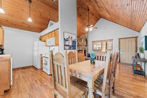 Open floor plan with kitchen, dining and living rooms all connected. Plenty of room to cook together, enjoy a meal or just relax with takeout from one of the great local places.