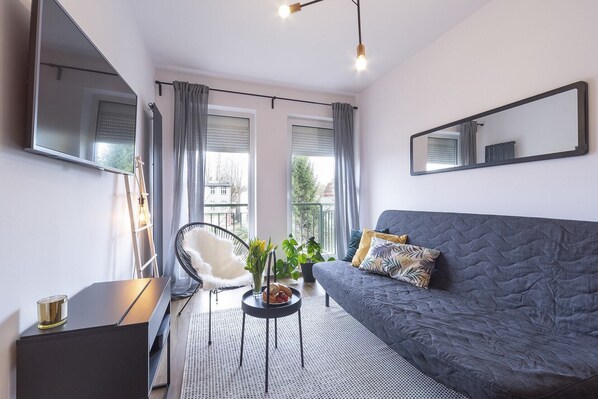 Living room with a comfortable sofa and TV. 