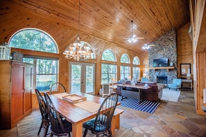 A rustic, but modern, lakefront lodge interior