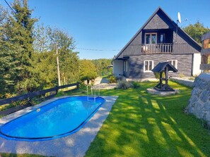 Blue, House, Cottage, Home, Garden, Lawn, Backyard, Swimming Pool, Yard, Farmhouse