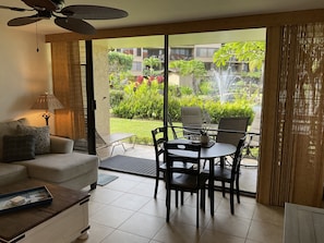 Living area and walk out to koi pond.