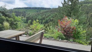 Ferienwohnung Waldblick mit herrlichem Panoramablick und großzügiger Sonnenterrasse-Blick aus dem Schlafzimmer