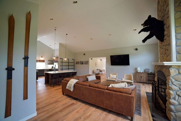 Open living room, kitchen space with gas fireplace and lots of natural light.