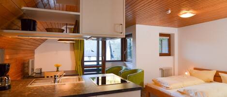 1. Ferienwohnung für max. 2 Personen-Wohnraum mit Doppelbett und Küchenzeile