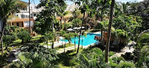 This is the view over the pool and the quiet garden from the penthouse's terrace