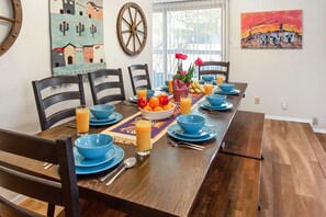 The dining room sits 8 guests, can be expanded with extra chairs.