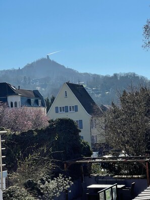 Blick von Terrasse auf Schloss Drachenburg und Drachenfels