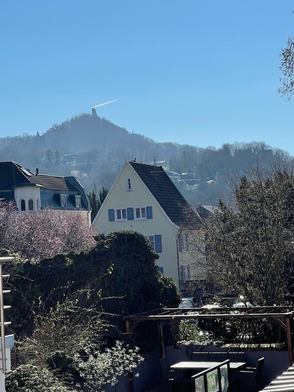 Blick von Terrasse auf Schloss Drachenburg und Drachenfels