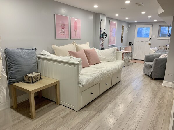 Main living area with pull out double bed.