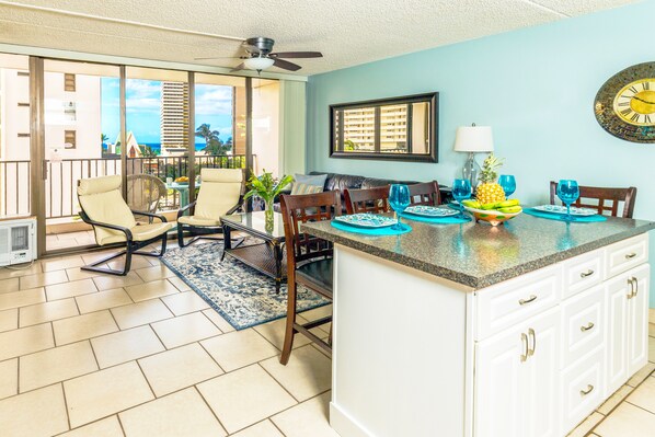 Overview of the dining area and living room.