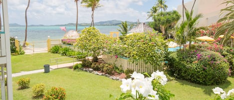 The view from the porch to pool & ocean towards Christiansted & Buck Island
