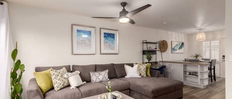 cozy living room w/ smart TV