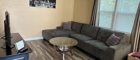Living room with sectional sofa and mini split 
