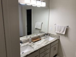 Master vanity with dual sinks, granite counter tops, rainfall faucets