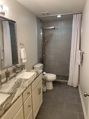 Guest bath with tile shower, 59" dual rain waterfall shower panel, massage jets