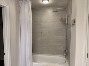 Custom tile shower/tub in master bath with rainfall shower head handheld sprayer