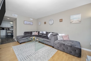 Comfortable couch in living room.