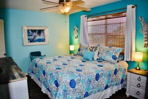 Bedroom 1 with King size bed and blackout curtains