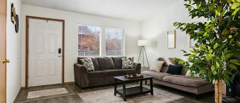 Super comfortable living room with a sofa sleeper and preloaded streaming on the flat screen TV.