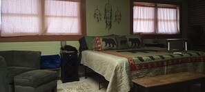 King size bed with gel foam mattress, extra pillows, TV chair w/cuddle blanket.