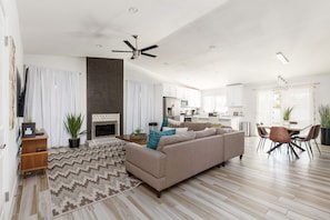 Large open area with multiple seating and dining areas