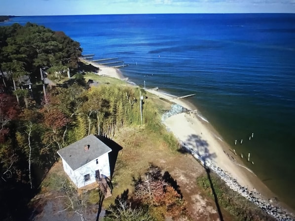 Ariel view, house directly on the Chesapeake Bay.