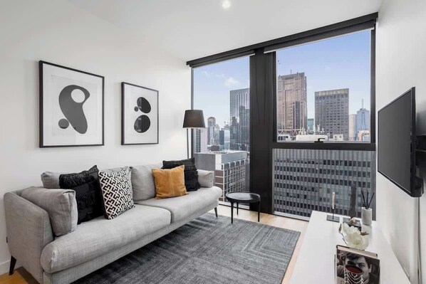 Open-planned living room with city view