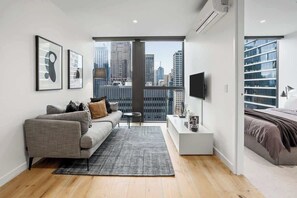 Open-planned living room with city view