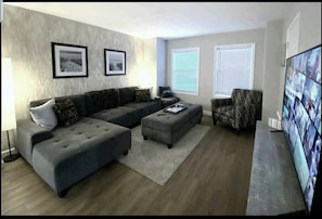 Comfortable couch to relax on after a long days trip. 