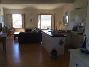 Apart 2, open plan kitchen and living area.