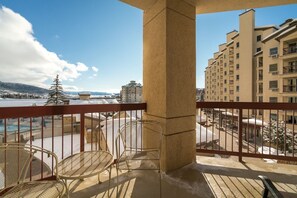 Covered balcony with views across the base area