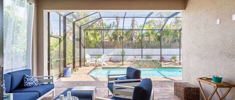 Relax at your private oasis heated saltwater pool .