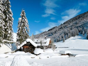 Sky, Cloud, Snow, Building, Window, Mountain, Larch, Tree, Slope, Natural Landscape