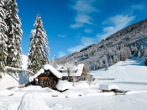 Ciel, Nuage, Neige, Bâtiment, Fenêtre, Montagne, Mélèze, Arbre, Pente, Paysage Naturel