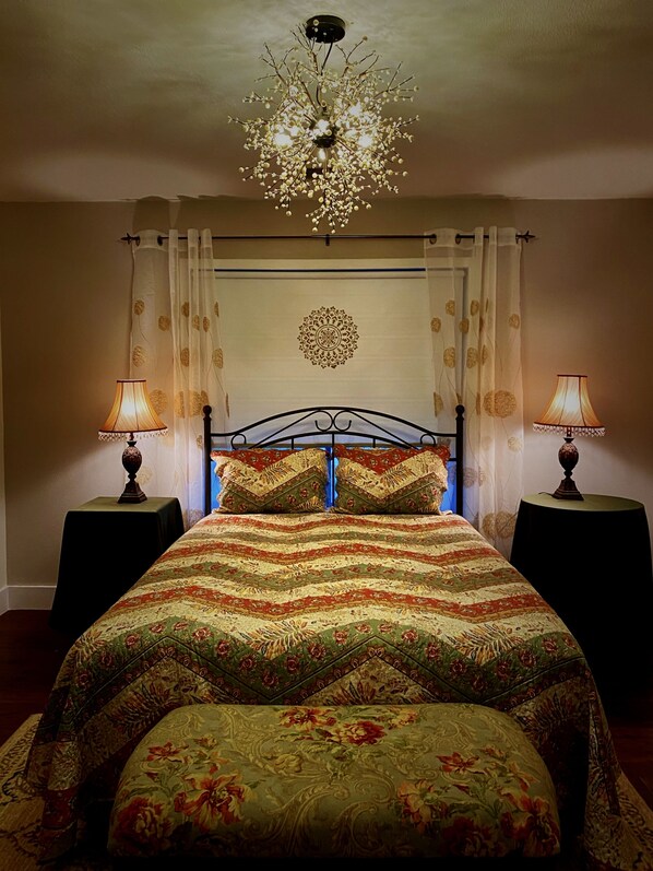 Room fit for a Queen, room with Queen bed dresser and mirror.  Cozy and inviting