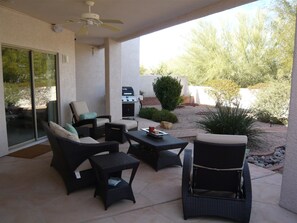 Back yard looking north west, sliding door to great room.