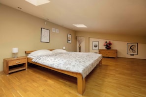 A spacious bedroom with a double bed and minimalist decor beneath a sloped ceiling and skylight.