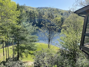 180 degree view of lake from back deck. Lovely meadow area directly behind home.