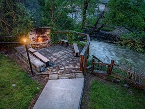 Large fire pit right on the creek