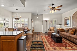 A view of the entry way and living area